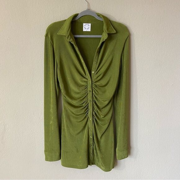 With Jean Andy Mini Green Shirt Dress Long Sleeve Size XS - Picture 11 of 15